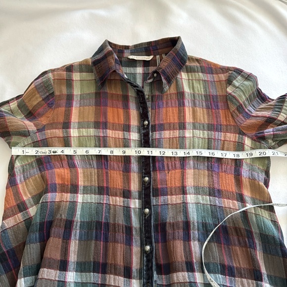 Soft Surroundings Top Women’s Blue Orange Ombre Plaid Flannel Velvet Trim. - Picture 6 of 10